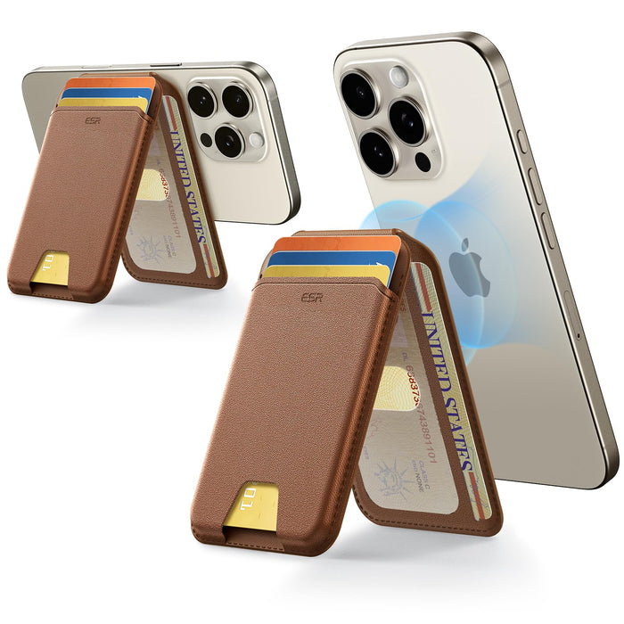ESR Magnetic Wallet (HaloLock), Compatible with MagSafe Wallet, with Adjustable Stand, for iPhone 16/15/14/13/12 Series, Not for 13/12 mini, 3 Card Holder, Vegan Leather, Brown