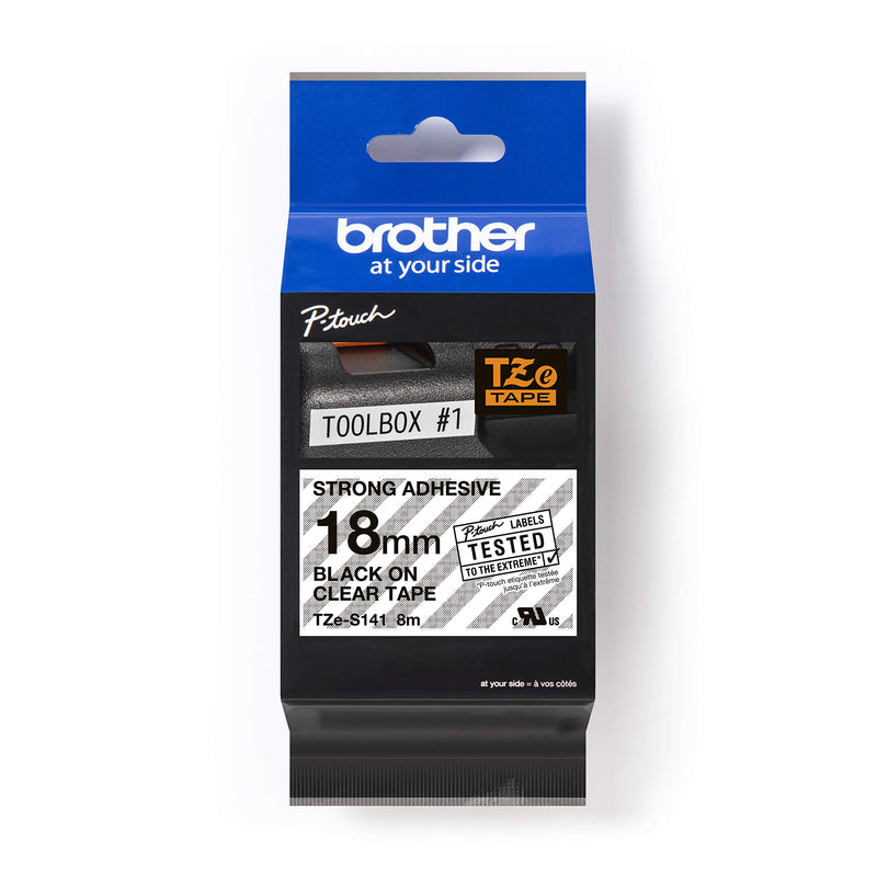 Brother TZe-S141 Labelling Tape Cassette, Black on Clear, 18mm (W) x 8M (L), Strong Adhesive, Brother Genuine Supplies