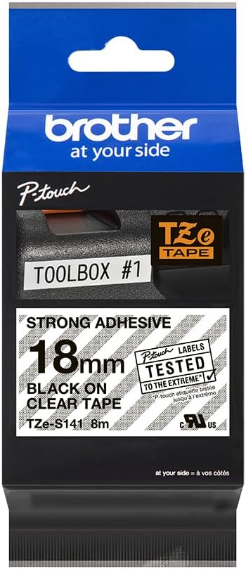 Brother TZe-S141 Labelling Tape Cassette, Black on Clear, 18mm (W) x 8M (L), Strong Adhesive, Brother Genuine Supplies