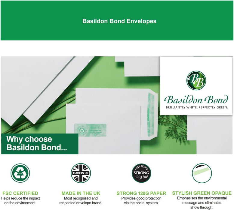 Basildon Bond C4 A4 Envelopes Premium 120gsm Recycled White Peel & Seal 50 Pack