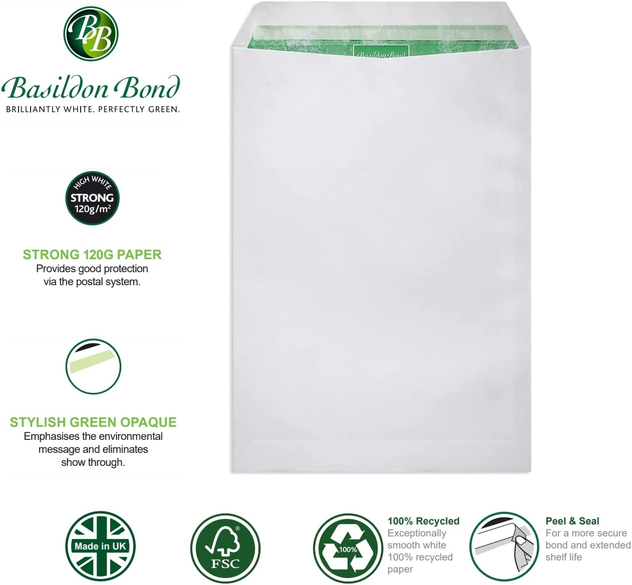 Basildon Bond C4 A4 Envelopes Premium 120gsm Recycled White Peel & Seal 50 Pack