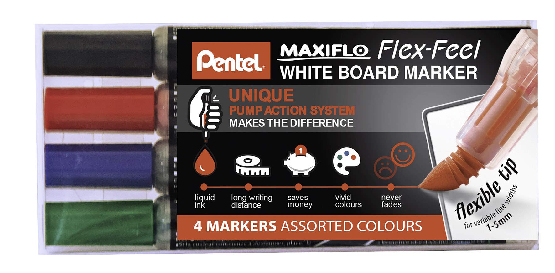 Pentel Maxiflo Flex-feel White Board Marker Pens Assorted Colors - Pack 4