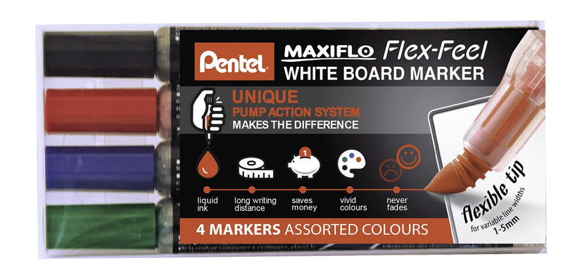 Pentel Maxiflo Flex-feel White Board Marker Pens Assorted Colors - Pack 4