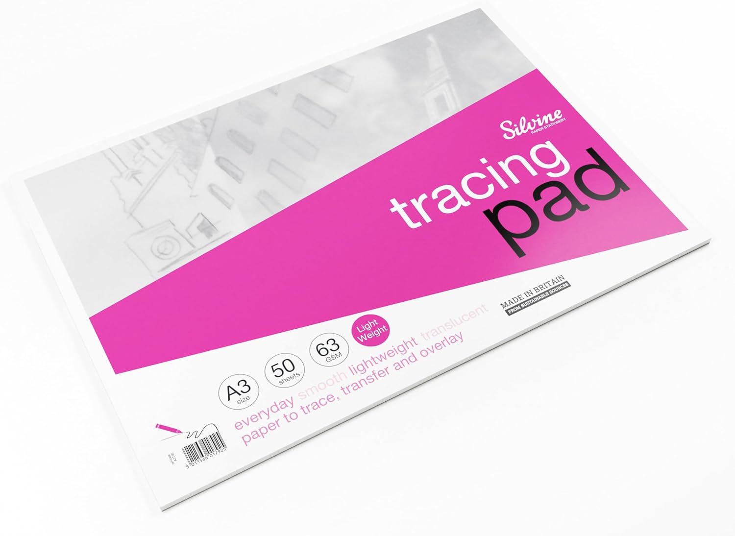Silvine A3 Professional Tracing Pad. 50 Sheets of Quality Lightweight Tracing Paper (63gsm) Ref A3T50
