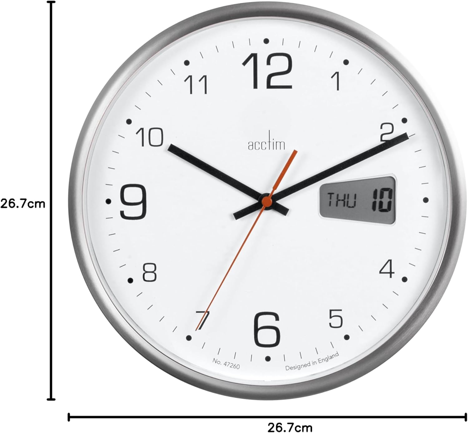 Acctim Kalendar Wall Clock Non-Ticking Sweep LCD Digital Display Energy Efficient Silver 27cm