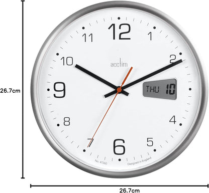 Acctim Kalendar Wall Clock Non-Ticking Sweep LCD Digital Display Energy Efficient Silver 27cm