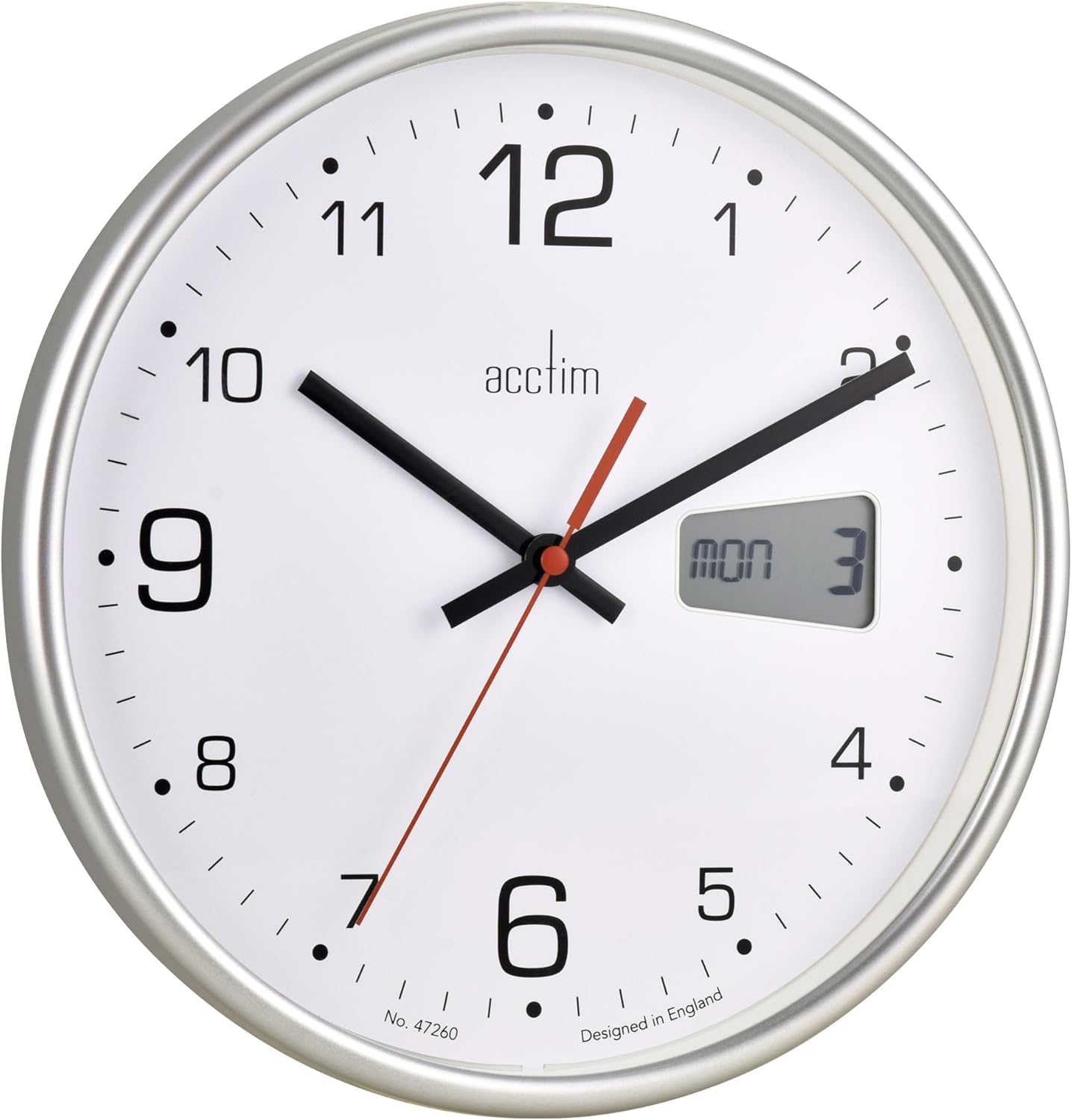Acctim Kalendar Wall Clock Non-Ticking Sweep LCD Digital Display Energy Efficient Silver 27cm