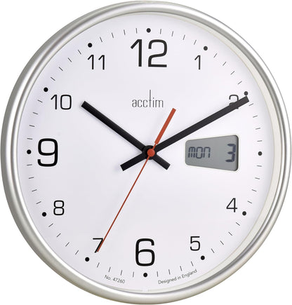 Acctim Kalendar Wall Clock Non-Ticking Sweep LCD Digital Display Energy Efficient Silver 27cm