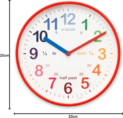 Acctim Wickford Kids Teaching Wall Clock Quartz Rainbow Dial Quarter Markers Red 20cm 22524