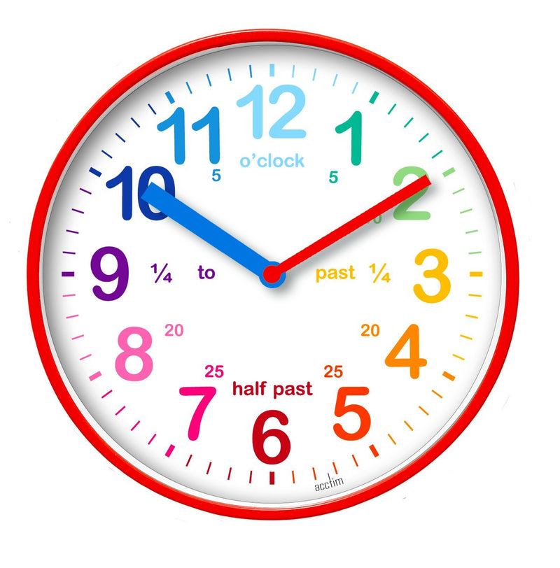 Acctim Wickford Kids Teaching Wall Clock Quartz Rainbow Dial Quarter Markers Red 20cm 22524