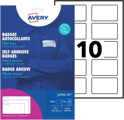 Avery J4785-15 15 Sheets of 10 Printable Customisable Textile Name Badges – Silk Acetate, 80 x 50 mm, for Inkjet Printers, 150 Badges Total