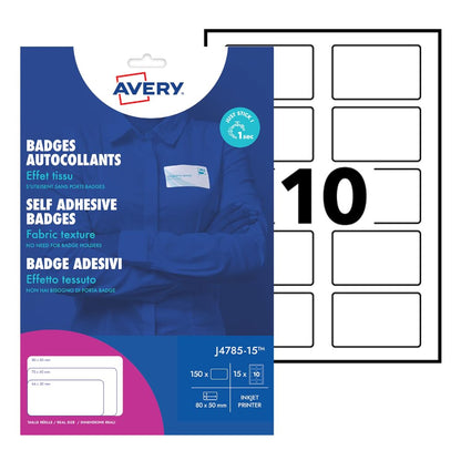 Avery J4785-15 15 Sheets of 10 Printable Customisable Textile Name Badges – Silk Acetate, 80 x 50 mm, for Inkjet Printers, 150 Badges Total