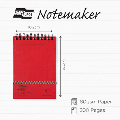 Clairefontaine 4935Z Pack of 10 Headed Spiral Pads with Europa Midi Pad - 10.2x15.2 cm - 200 Detachable Lined Pages - Random Colour Glossy Card Covers