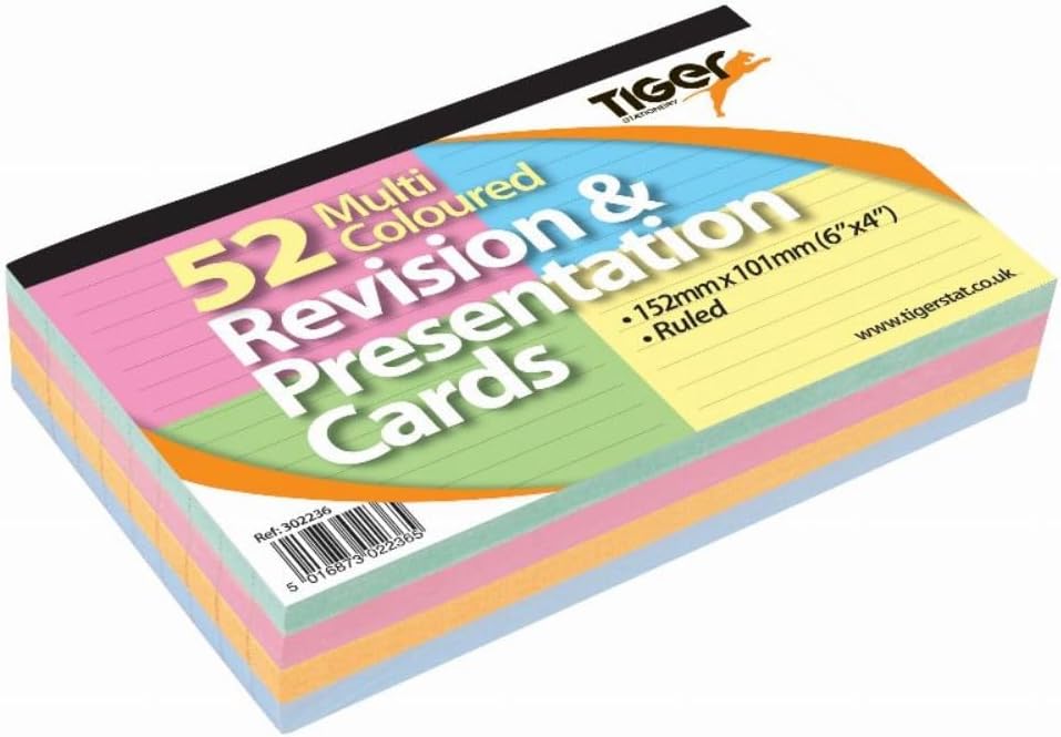 Revision & Presentation Cards - 52 Multi Coloured Ruled Cards - 6 x 4 Inch