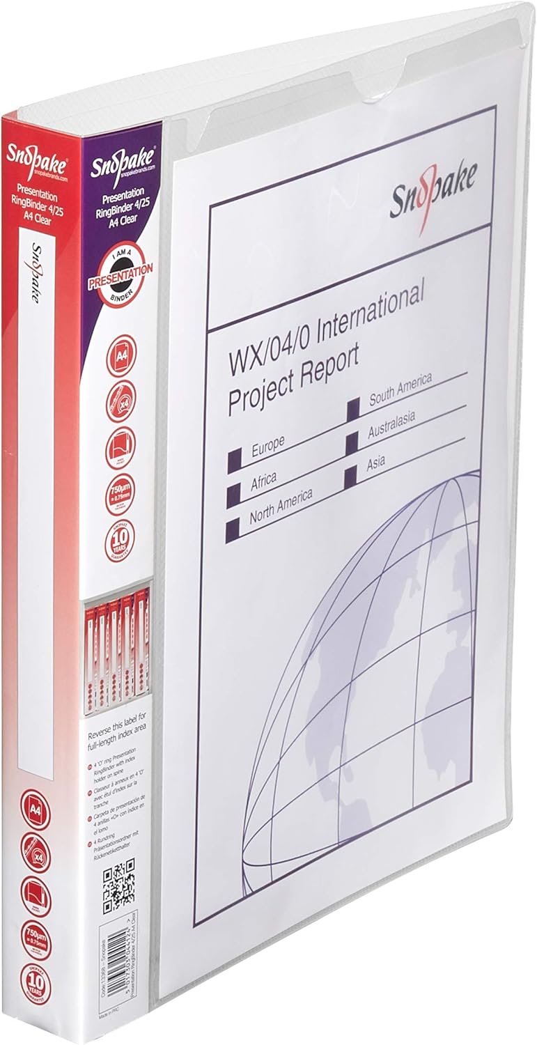Snopake A4 4 O-Ring 25 mm Presentation RingBinder – Clear  Ref: 13368