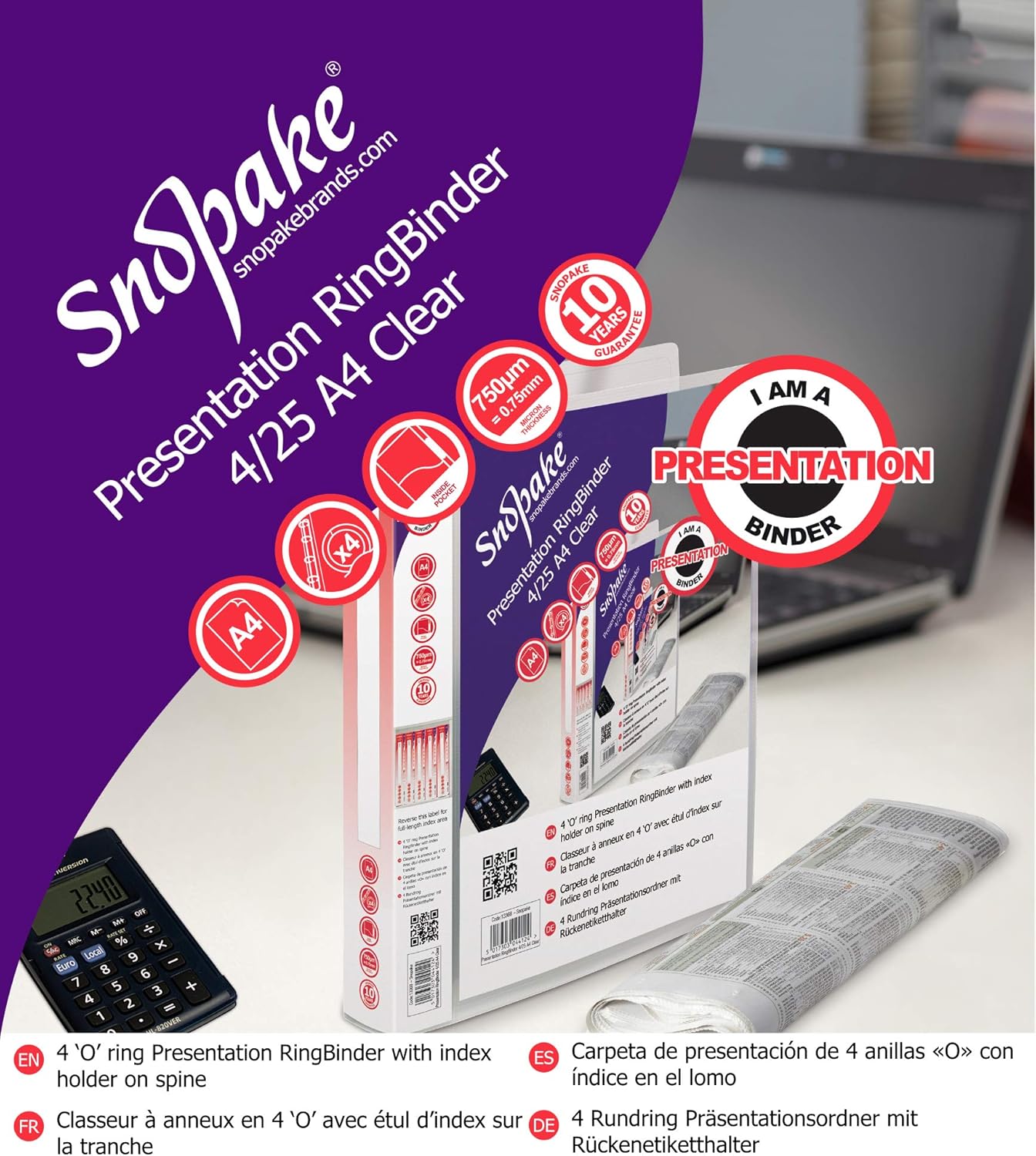 Snopake A4 4 O-Ring 25 mm Presentation RingBinder – Clear  Ref: 13368