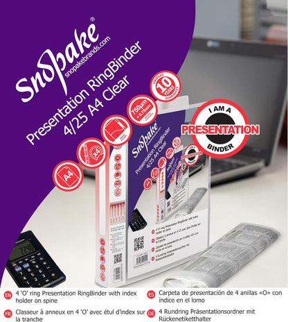 Snopake A4 4 O-Ring 25 mm Presentation RingBinder – Clear  Ref: 13368