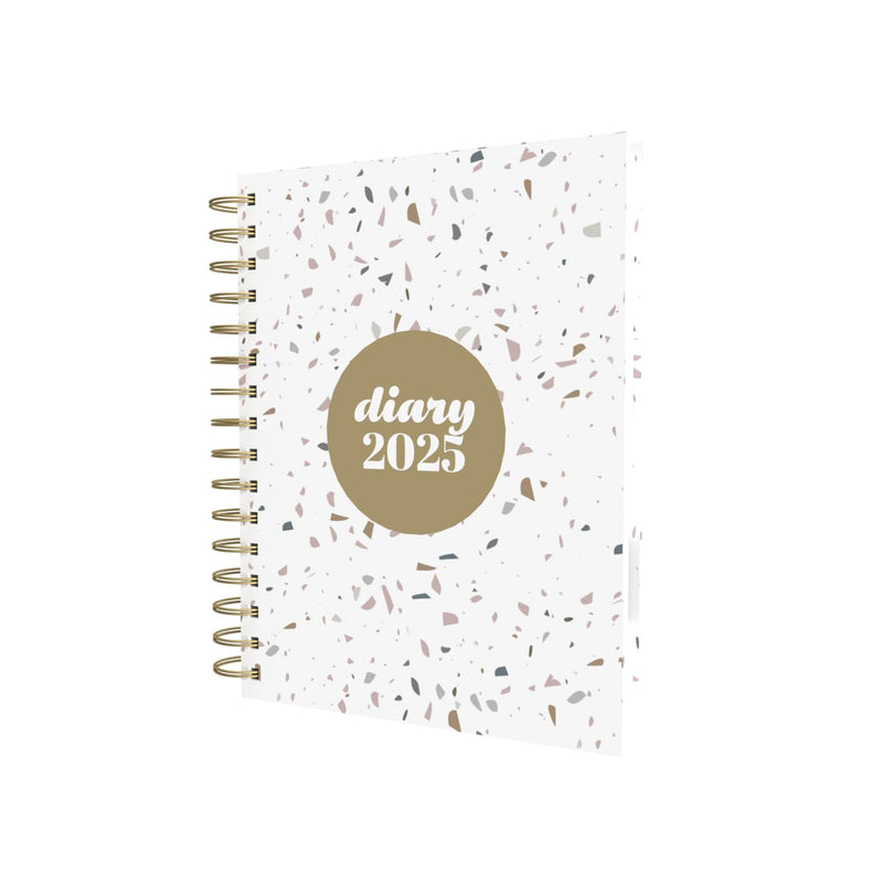 Collins Scandi 2025 Diary - A5 Day to Page Journal with Appointments - NEW - White Terrazzo - (E-PW51.WHTZ-25) - Daily Planner with Hardback Wiro-Bound Covers and Recycled Paper