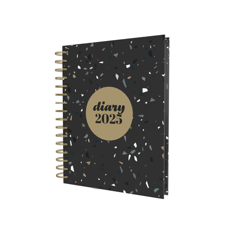 Collins Scandi 2025 Diary - A5 Day to Page Journal with Appointments - NEW - Black Terrazzo - (E-PW51.BLTZ-25) - Daily Planner with Hardback Wiro-Bound Covers and Recycled Paper