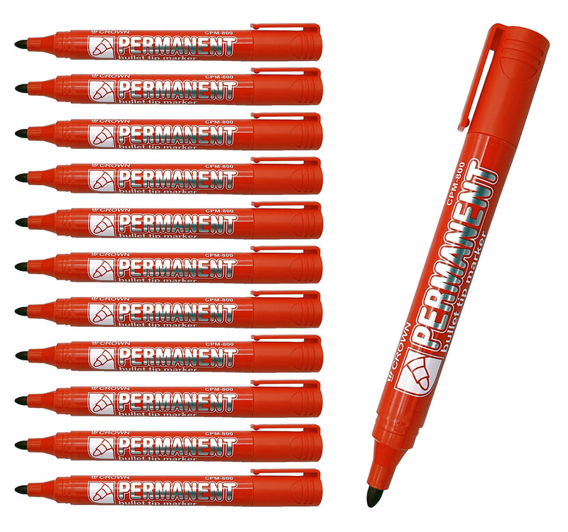CROWN 5 Star Office Permanent Marker Xylene/Toluene-free Smear proof Bullet Tip 2mm Line Red (Pack of 12