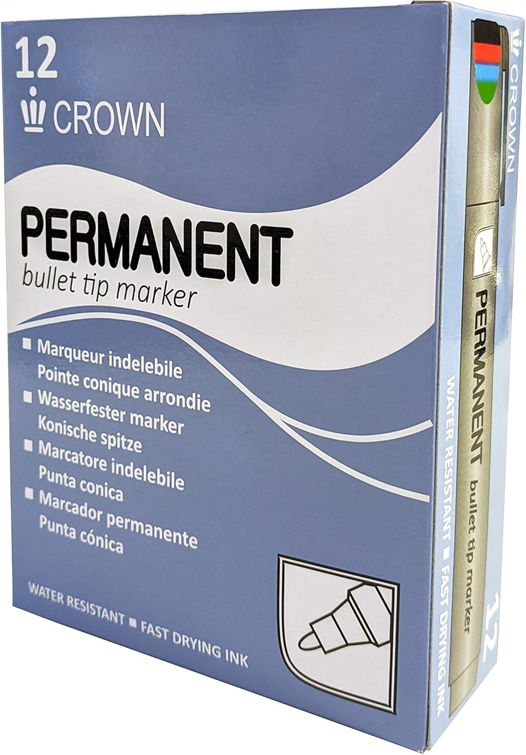 CROWN Permanent Markers Bullet Tip Markers - Pack Of 12 - Permanent Ink - Blue - 2mm Line