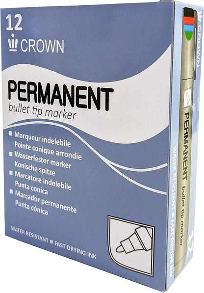 CROWN Permanent Markers Bullet Tip Markers - Pack Of 12 - Permanent Ink - Blue - 2mm Line