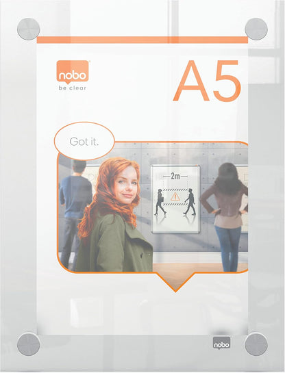 Nobo A5 Acrylic Wall Mounted Poster Frame, Frameless, Through Corner Fixing, Portrait/Landscape, Premium Plus, Clear, 1915592