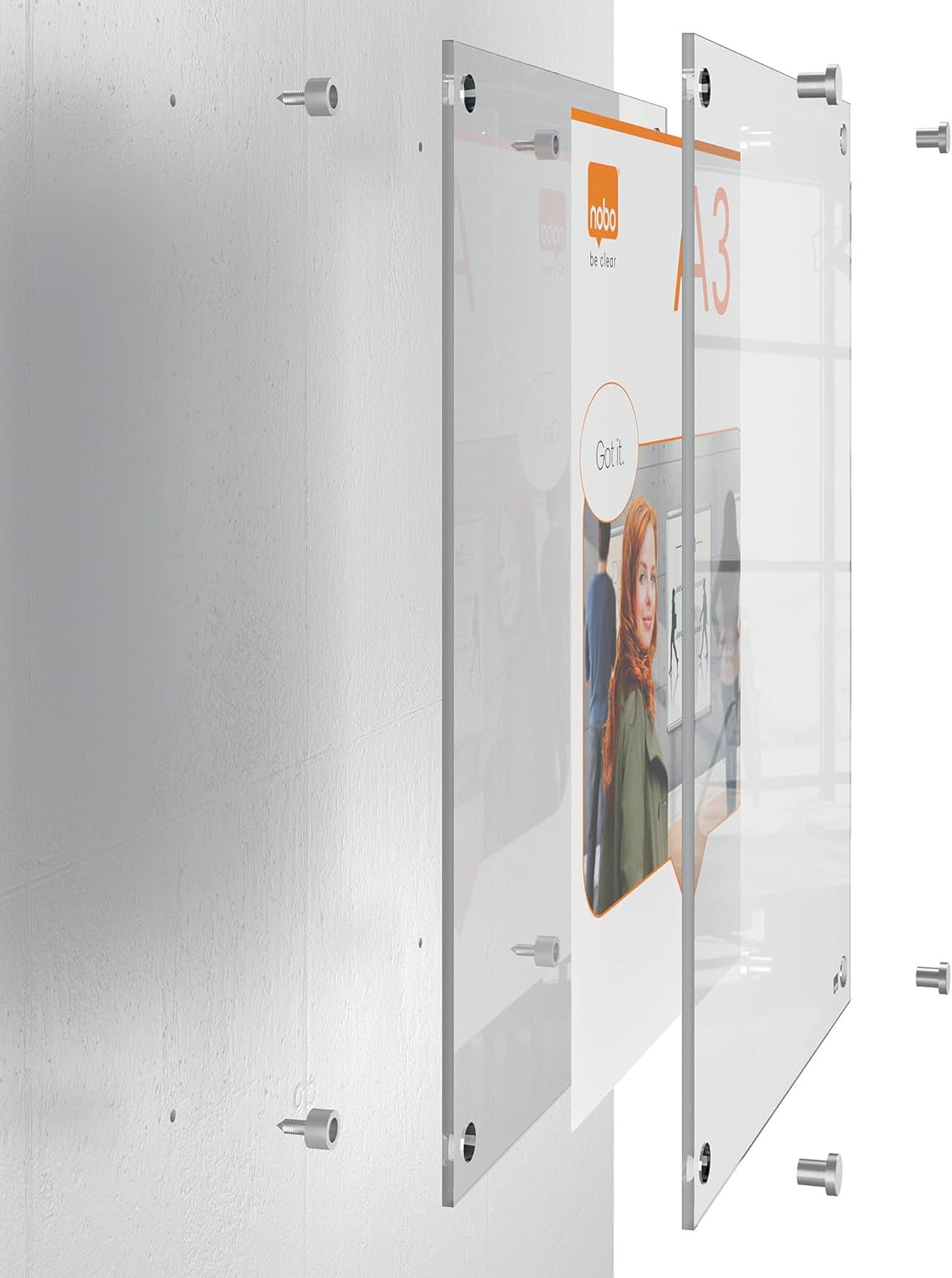 Nobo A5 Acrylic Wall Mounted Poster Frame, Frameless, Through Corner Fixing, Portrait/Landscape, Premium Plus, Clear, 1915592