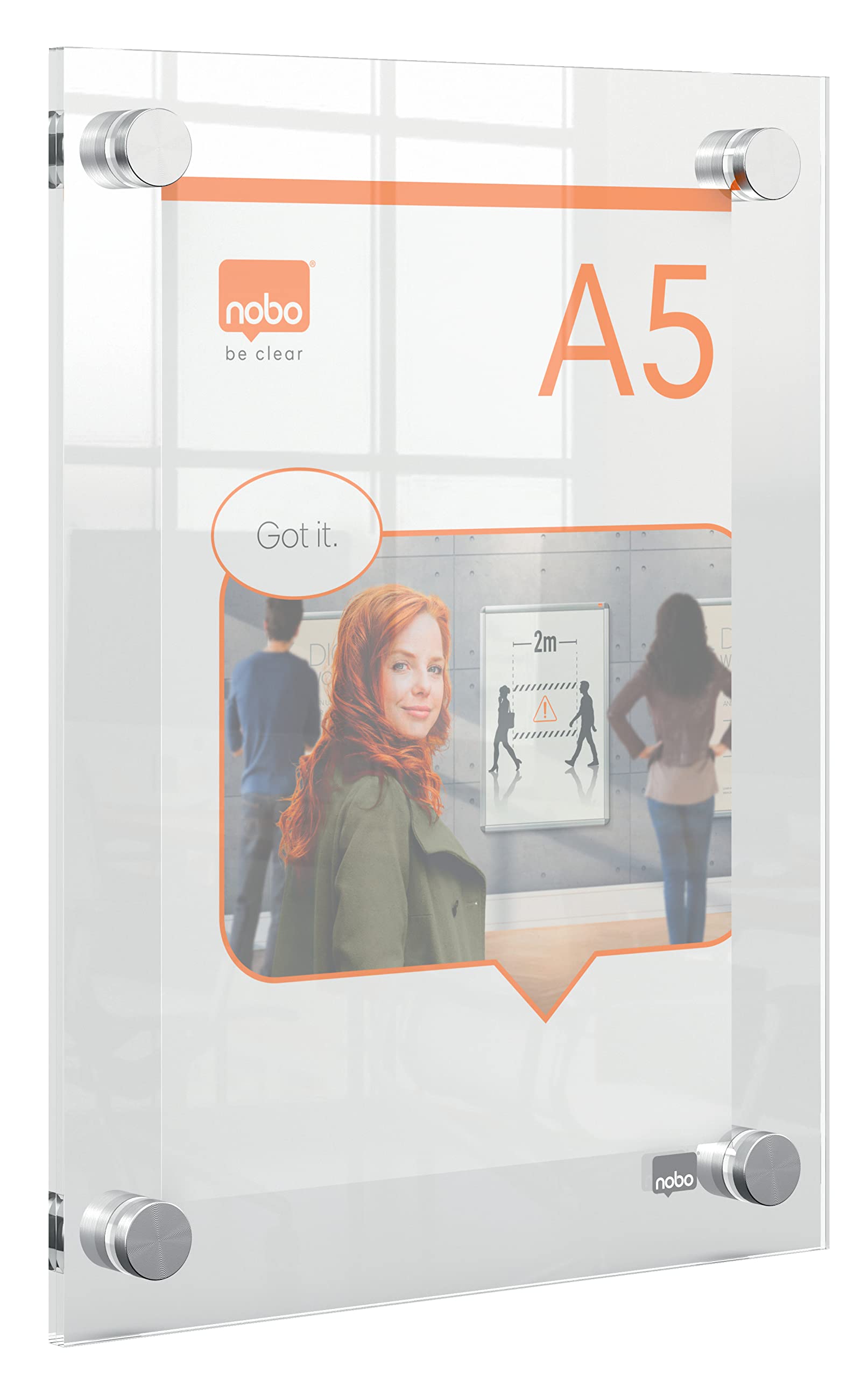 Nobo A5 Acrylic Wall Mounted Poster Frame, Frameless, Through Corner Fixing, Portrait/Landscape, Premium Plus, Clear, 1915592