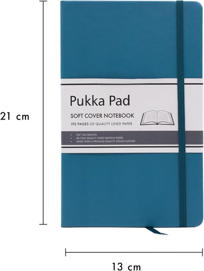 Pukka Pad, Soft Cover Notebook – 192 Pages of 80GSM Acid-Free Quality Lined Paper – Vegan Leather Cover with Inner Pocket for Loose Pages, Ribbon Bookmark, and Elasticated Closure – 130 x 210mm