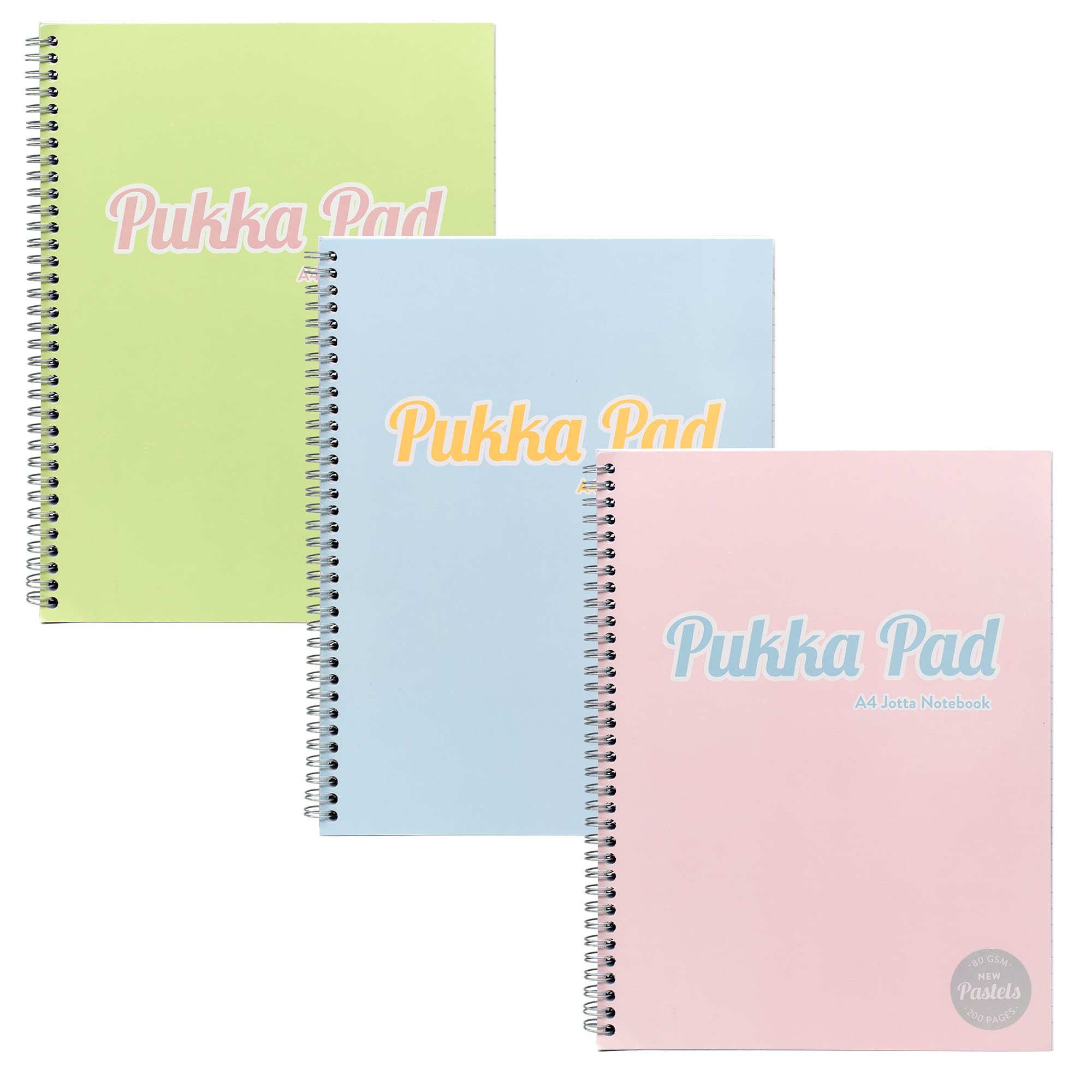 Pukka Pad Pastel A4 Jotta Notebooks – Pack of 3 Wirebound Notepads with 200 Pages, 100 Sheets of 80GSM 8mm Feint Ruled Paper and Perforated 4-Hole Punched Margins – Pink, Blue, & Green, 29.7 x 22.4 cm