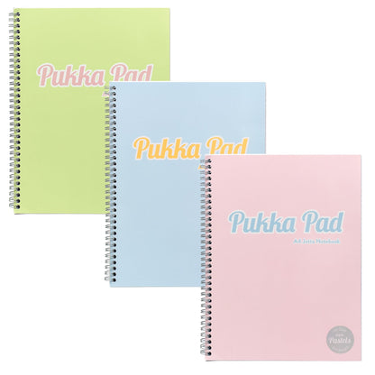 Pukka Pad Pastel A4 Jotta Notebooks – Pack of 3 Wirebound Notepads with 200 Pages, 100 Sheets of 80GSM 8mm Feint Ruled Paper and Perforated 4-Hole Punched Margins – Pink, Blue, & Green, 29.7 x 22.4 cm