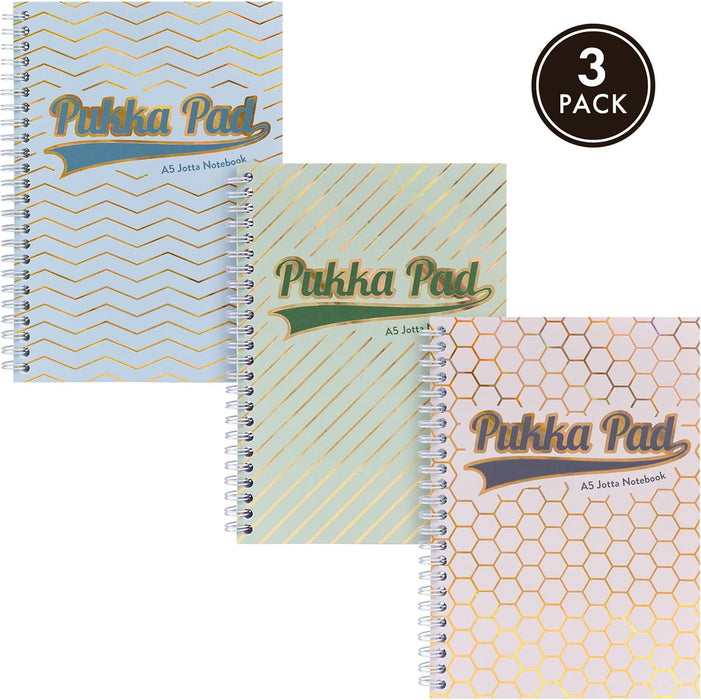 Pukka Pad Haze Jotta Cuaderno A5, paquete de 3 blocs de notas encuadernados con alambre con 200 páginas, 100 hojas de papel rayado de 80 g/m² de 8 mm, 4 agujeros perforados para notas escolares