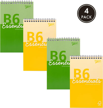 Pukka Pad Essentials B6 Shorthand Notebook – Pack of 4 Top Wire-Bound Notepads in Assorted Green & Yellow – 160 Pages, 80 Sheets of FSC 60GSM Lined Paper with Page Perforation