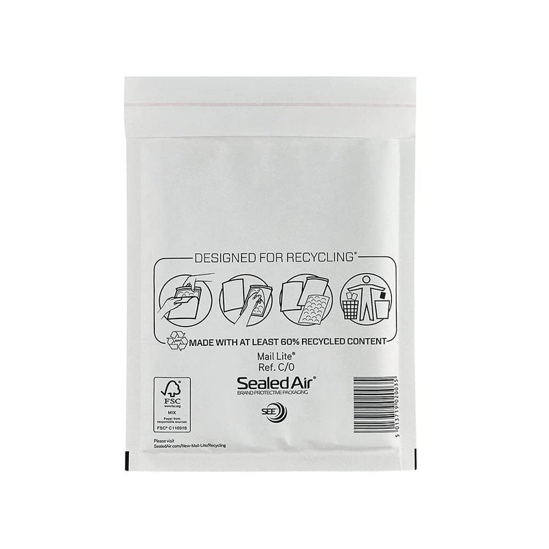 Mail Lite Padded Envelopes - Bubble Envelopes | White / Gold (C/0 (150 x 210mm) - Box of 100, White