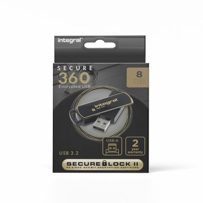 Integral 8GB Secure360 256-Bit Software Encrypted 3.0 USB Secure Flash Memory Drive - Working & Encrypted Dual Partition, Intelligent Password Attack Protection & 360 degree rotating casing