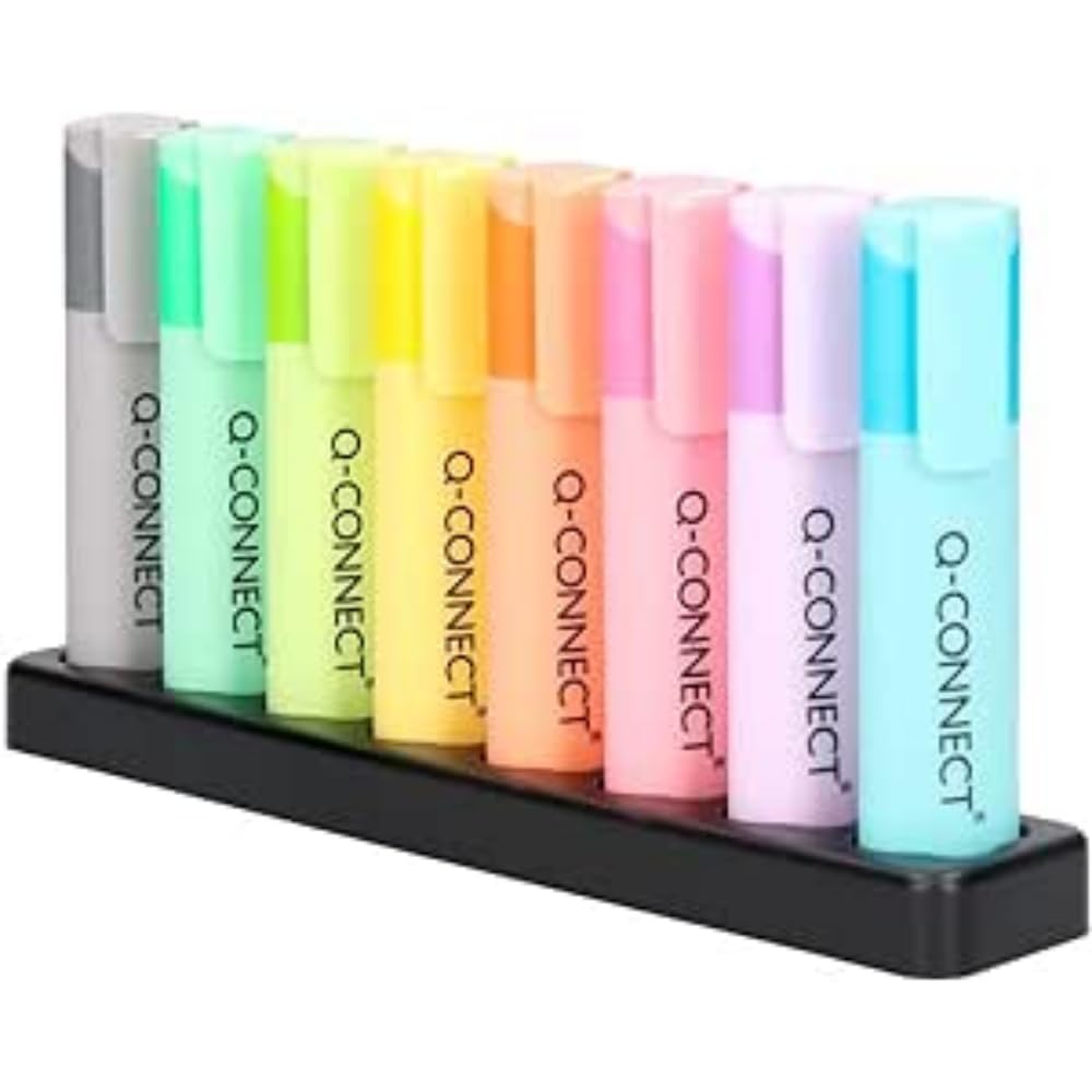 Q-Connect KF17806 Fluorescent Pen, Pastel Bevelled Tip, Office Pencil Case 8 Assorted Colours