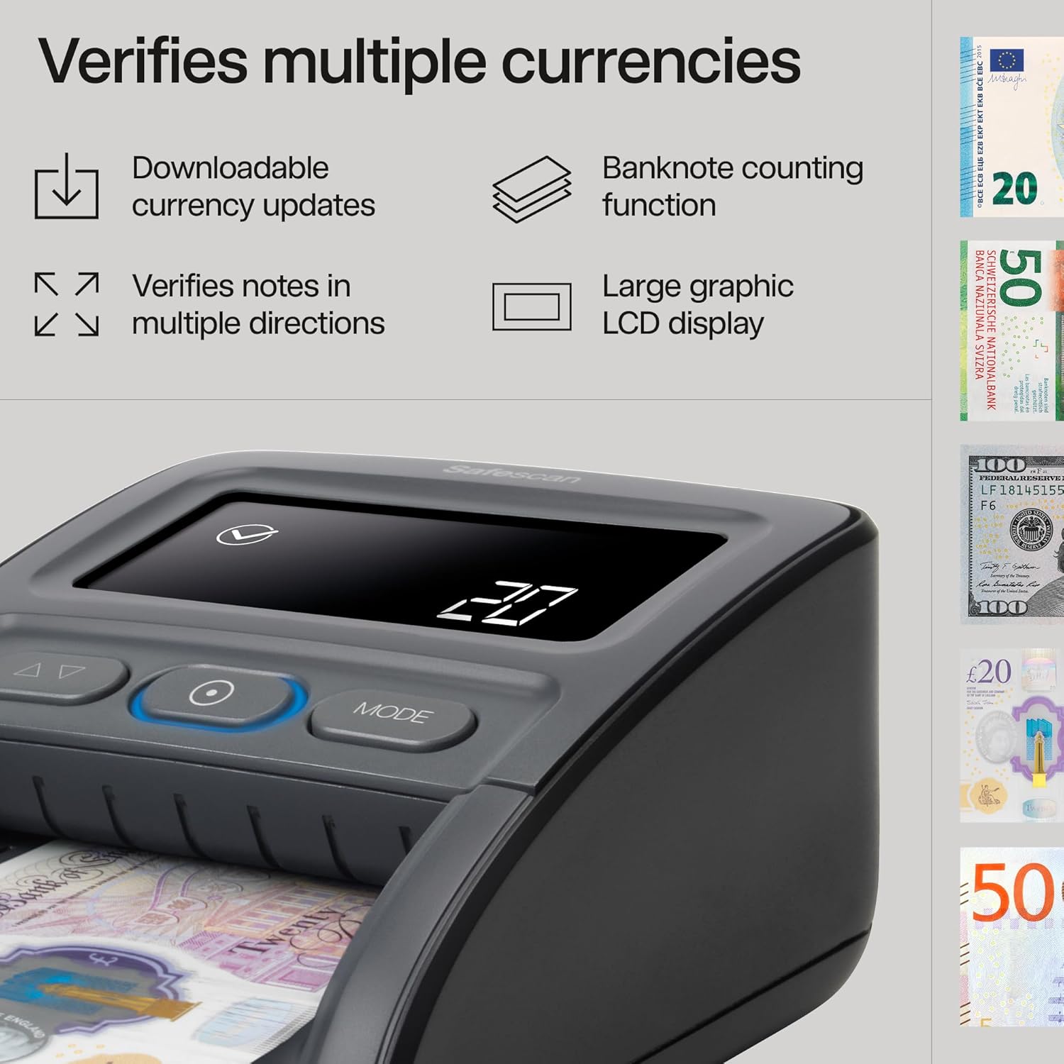 Safescan 155-S Automatic Counterfeit Money Detector that Quickly Verifies Banknotes - Money Machine with 7-Point Detection - 100 Percentage Accurate Money Checker Machine