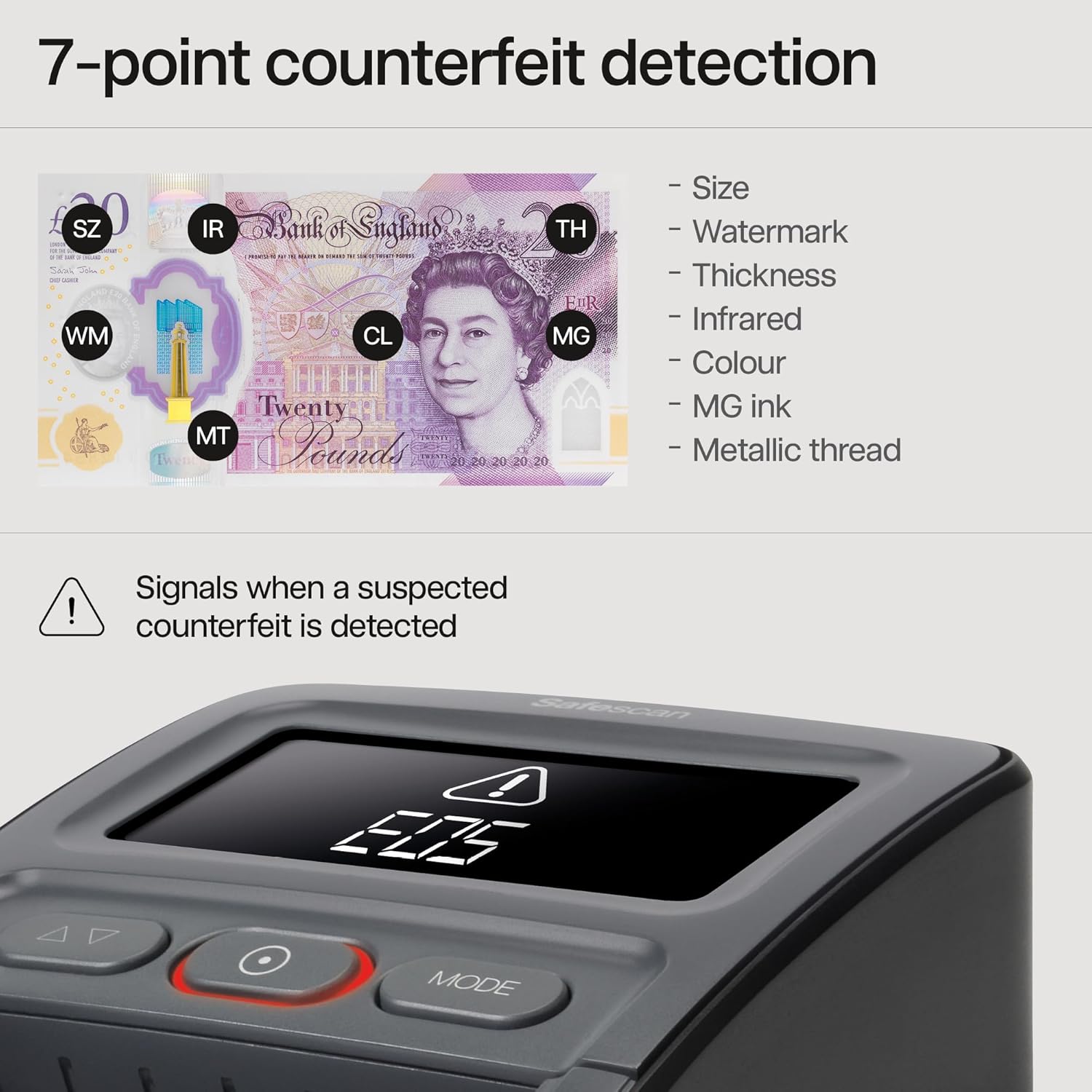 Safescan 155-S Automatic Counterfeit Money Detector that Quickly Verifies Banknotes - Money Machine with 7-Point Detection - 100 Percentage Accurate Money Checker Machine