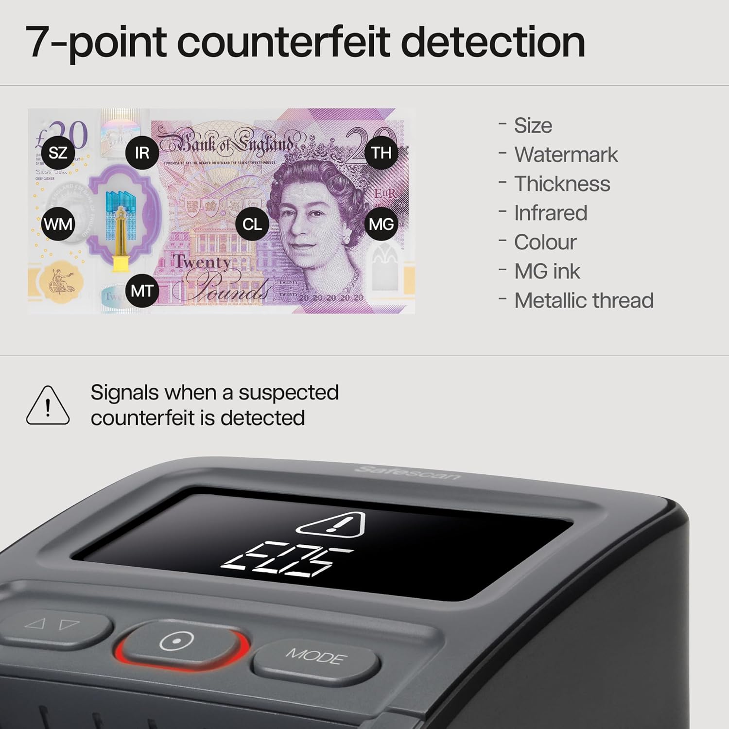 Safescan 155-S Complete Portable Counterfeit Money Detector That verifies banknotes - Money Machine with 7-Point Detection - 100% Accurate Money Checker Machine with Included Battery and Note Stacker