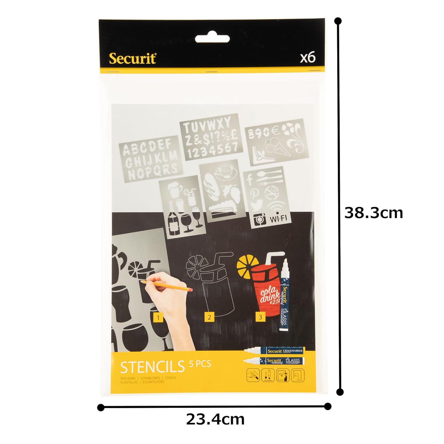 Securit Liquid Chalkmarker Pen Stencil Set for Display Signage - 6-Piece Set, Transparent Stencil Set for Blackboards in Cafe or Restaurants, Assorted Shapes & Letters Stencil Set, Craft Supplies