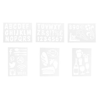 Securit Liquid Chalkmarker Pen Stencil Set for Display Signage - 6-Piece Set, Transparent Stencil Set for Blackboards in Cafe or Restaurants, Assorted Shapes & Letters Stencil Set, Craft Supplies