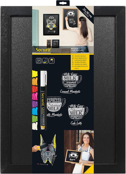 Securit Woody Black Chalkboard Set with Chalkboard Markers, 30 x 40cm Hanging Blackboard, Memo Board, Wipeable Blackboard with Chalk Pen for Office, Kitchen or Weddings