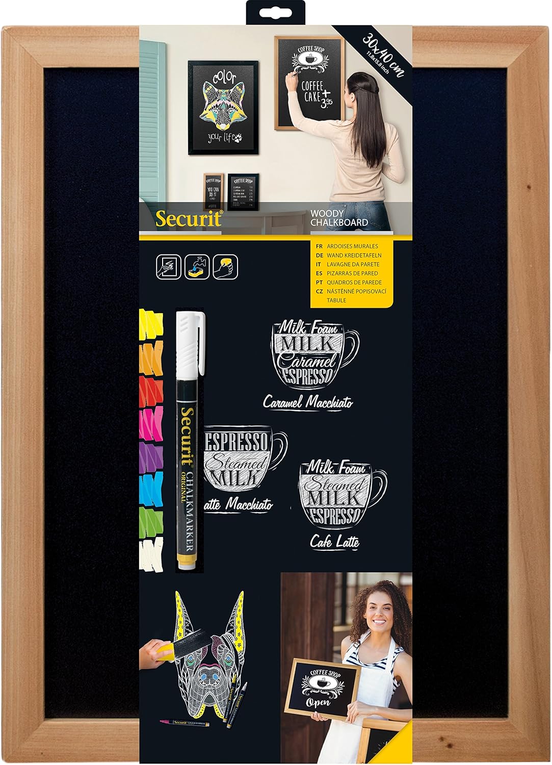Securit Woody Wood Chalkboard Set with Chalkboard Markers, 30 x 40cm Hanging Blackboard, Memo Board, Wipeable Blackboard with Chalk Pen for Office, Kitchen or Weddings