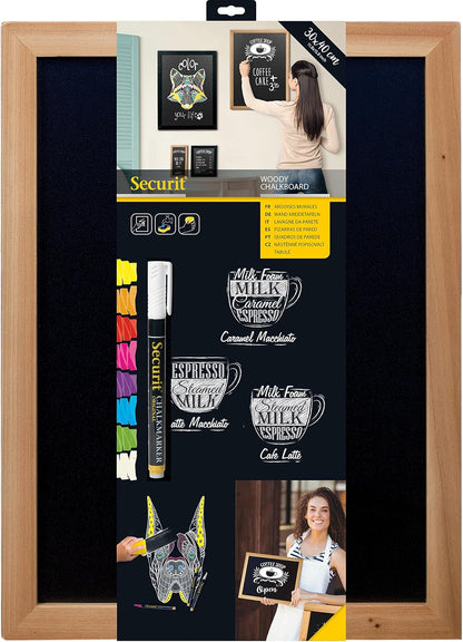 Securit Woody Wood Chalkboard Set with Chalkboard Markers, 30 x 40cm Hanging Blackboard, Memo Board, Wipeable Blackboard with Chalk Pen for Office, Kitchen or Weddings