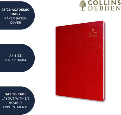 Collins 'Desk' 13 Month Mid/Academic Year Planner, July 2025-July 2026-44M.99-2526- Day-to-Page Appointments Diary, A4 Hard Cover, Black