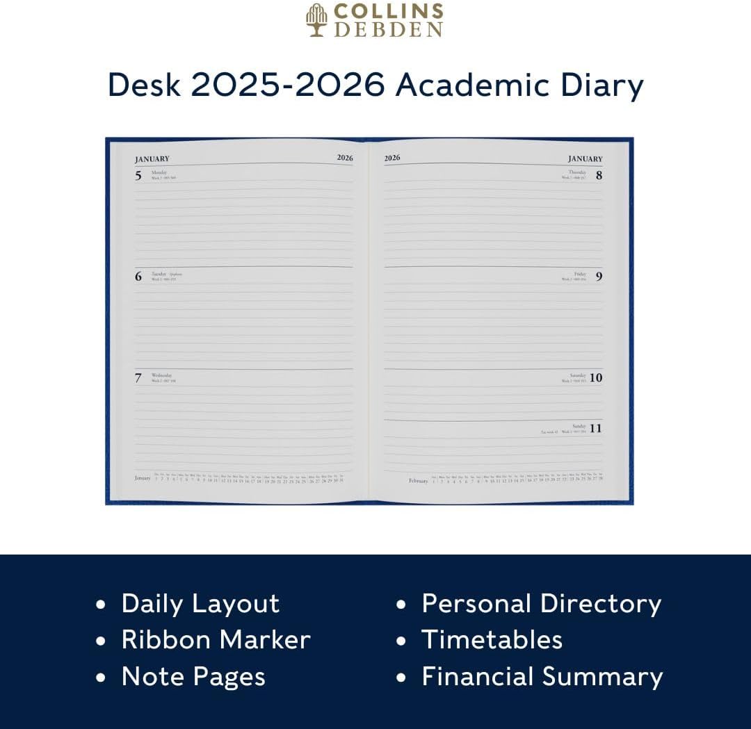 Collins 'Desk' 13 Month Mid/Academic Year Planner, July 2025-July 2026-44M.60-2526 -Day-to-Page Appointments Diary, A4 Hard Cover, Blue