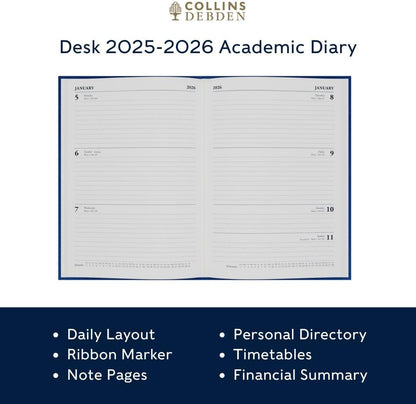 Collins 'Desk' 13 Month Mid/Academic Year Planner, July 2025-July 2026-44M.60-2526 -Day-to-Page Appointments Diary, A4 Hard Cover, Blue