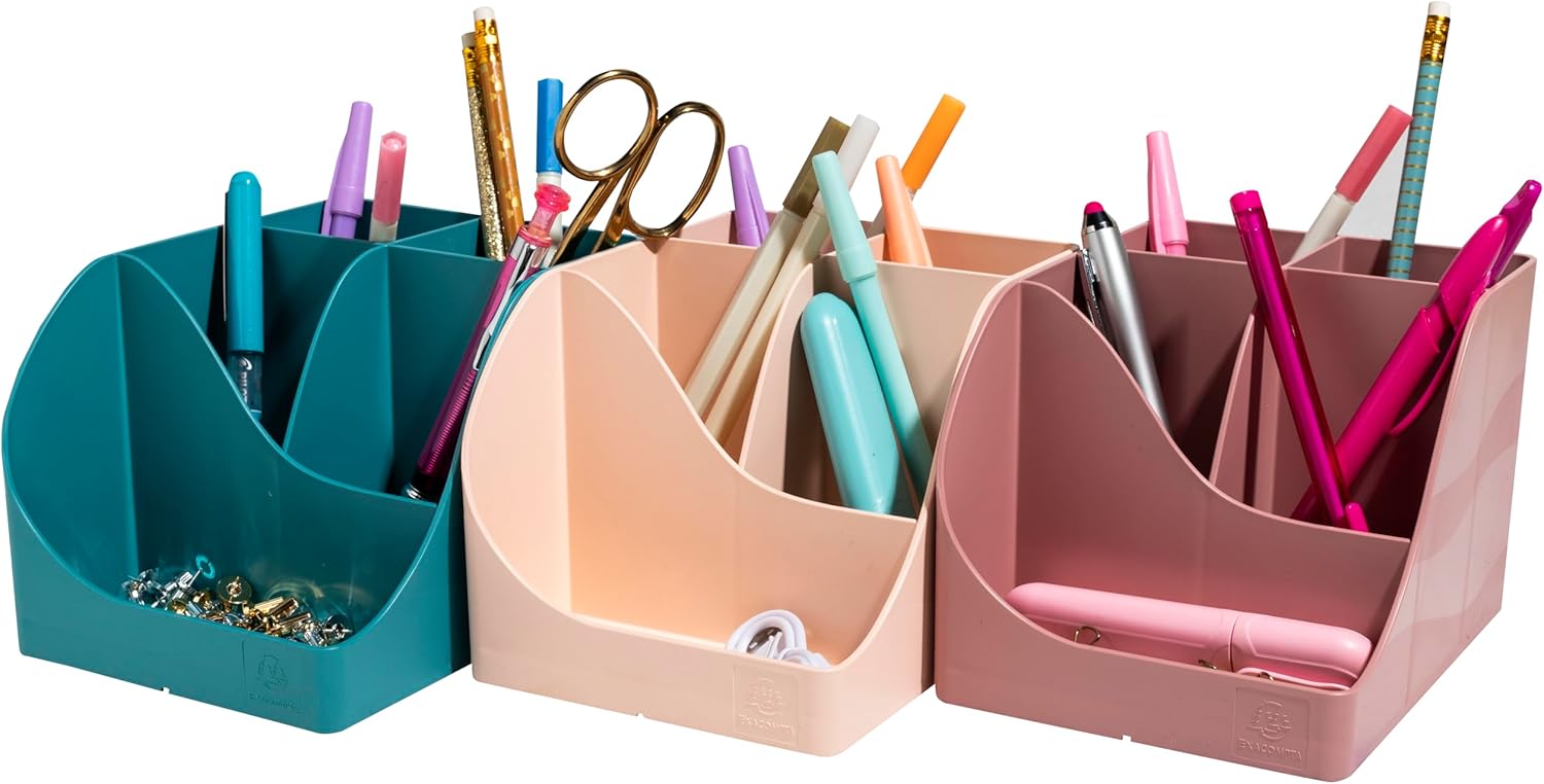 EXACOMPTA - SKU 69538D - 1 Skandi Pen Wave Pen Holder Pink - 5 compartments - 4 high compartments for large utensils and 1 bottom compartment for small utensils
