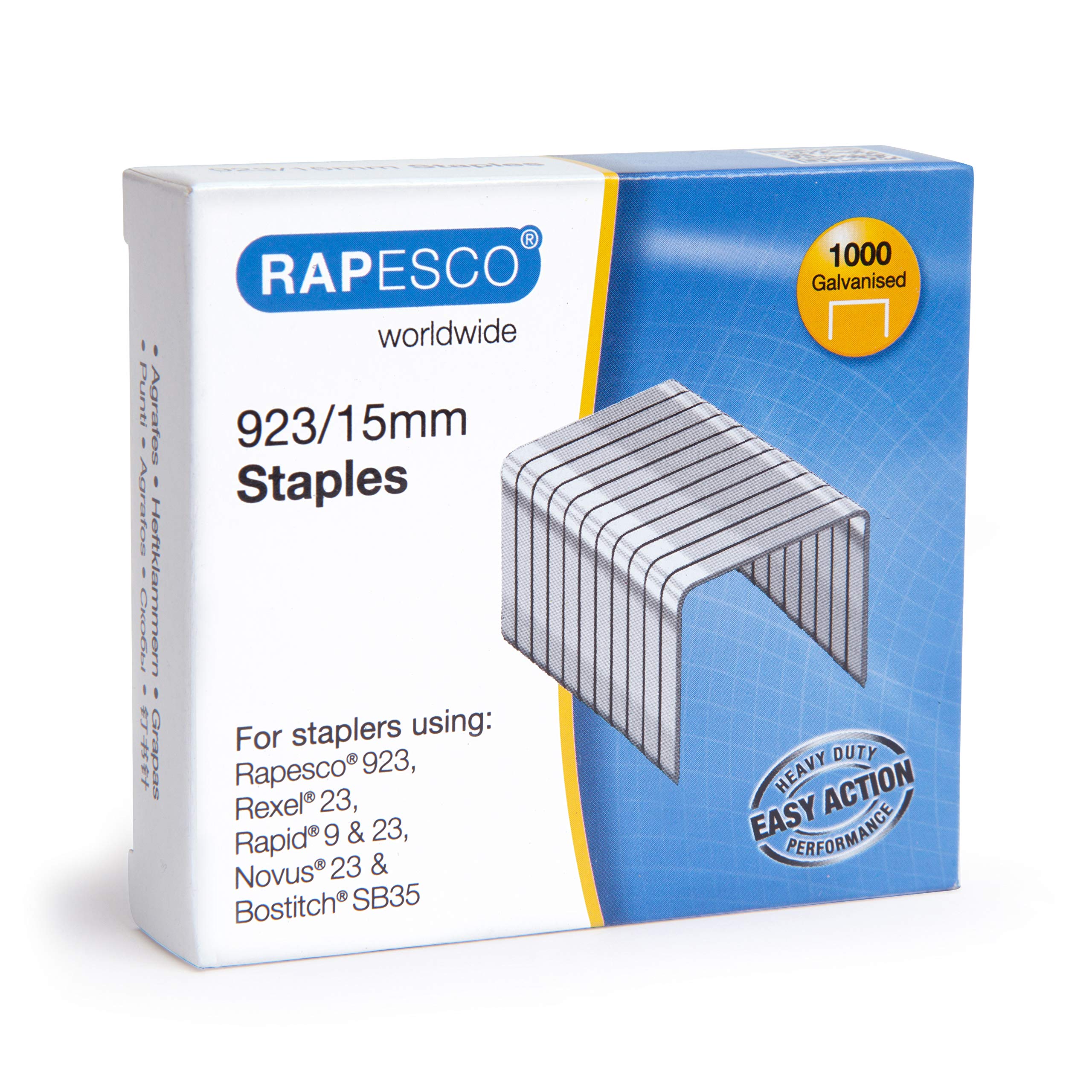 Rapesco 1239 923/15mm Galvanised Staples, Type 23, Box of 1000
